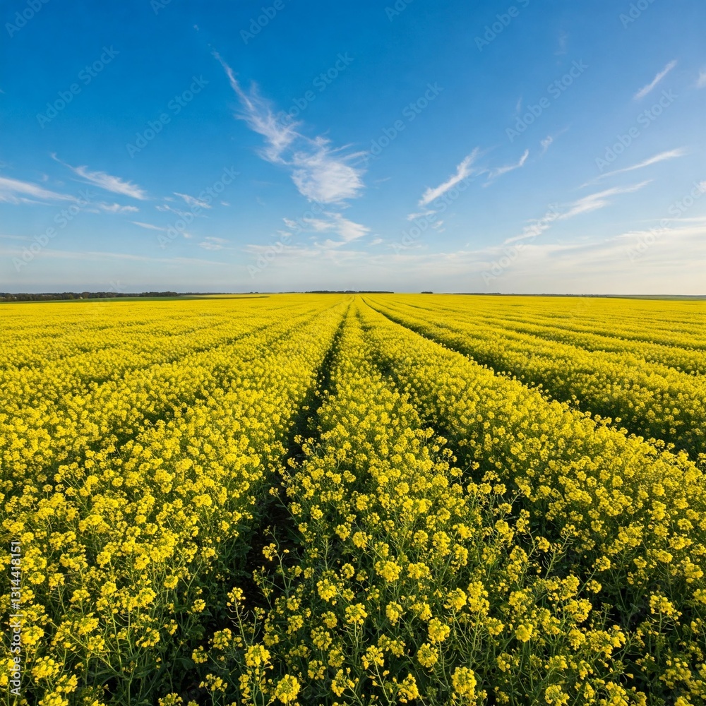 Bright Yellow Canola Fields Stretching Towards the Horizon Under a Clear Sky Bright Yellow Canola Fields Stretching Towards the Horizon Under a Clear Sky