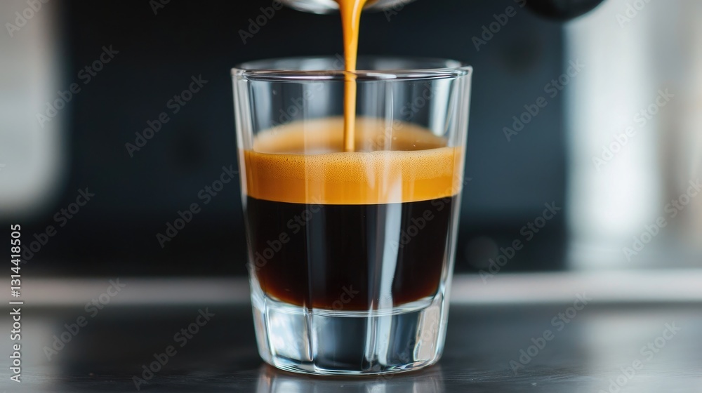 A freshly brewed shot of espresso, showcasing rich layers of crema and dark liquid in a clear glass. Perfect for coffee lovers. A freshly brewed shot of espresso, showcasing rich layers of crema and dark liquid in a clear glass. Perfect for coffee lovers.