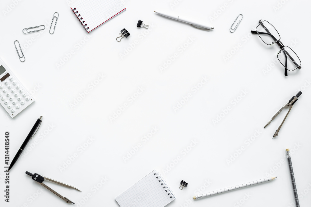 Frame of stationery and school supplies on student desk, top view. Education concept Frame of stationery and school supplies on student desk, top view. Education concept