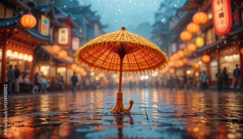 Wallpaper Mural Rainy Day in Asian City Street Scene with Small Straw Umbrella Torontodigital.ca
