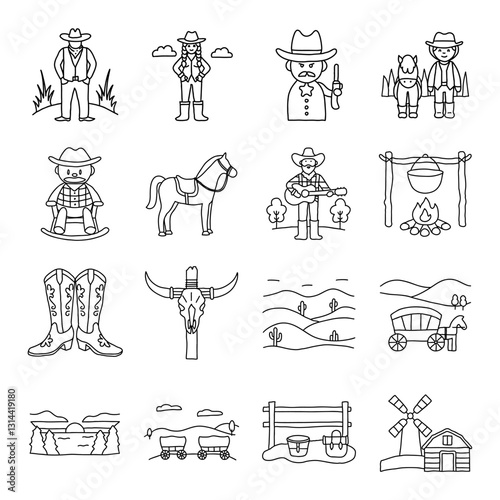 American Cowboy, Cowboy illustrations featuring various characters, horses, and western elements evoke sense of adventure and tradition