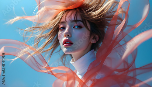 ファンタジーストーリー（美しいシルクの布を纏い、波打つ風に身を任せながら、その向こうに静かに佇む女性）