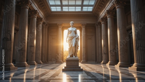 Elegant Marble Statue in a Grand Classical Hall Sunlit Columns and Architecture