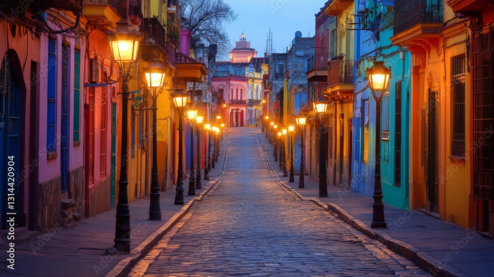 A picturesque view of a cobblestone street illuminated by vintage street lamps, with colorful buildings lining the sides, creating a warm and inviting nighttime atmosphere A picturesque view of a cobblestone street illuminated by vintage street lamps, with colorful buildings lining the sides, creating a warm and inviting nighttime atmosphere