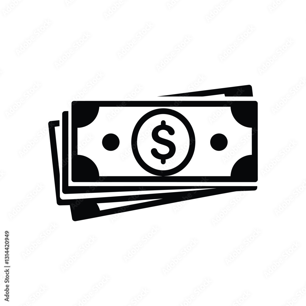 Black-and-white stack of cash vector icon for financial themes Black-and-white stack of cash vector icon for financial themes