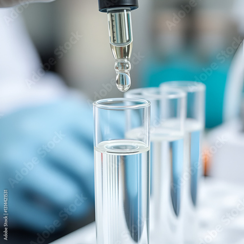 Closeup shot of lab testing water sample. Dropper adds liquid to test tube. Researching water quality in lab environment. Clear liquid in test tubes. Scientific analysis of water resources.