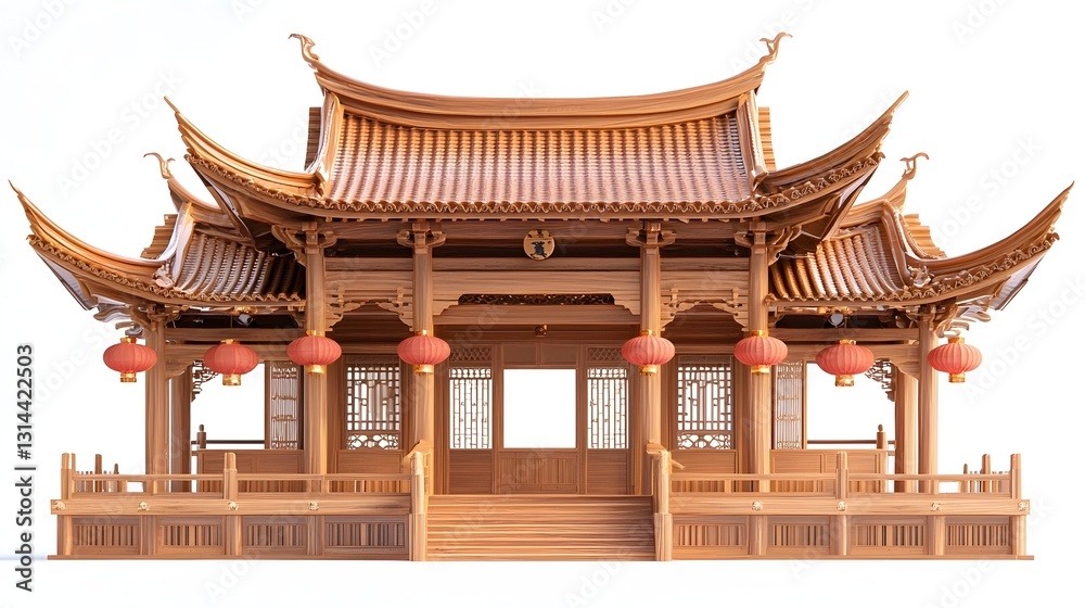 Obraz premium Ornate Traditional Chinese Temple with Curved Roof and Red Lanterns