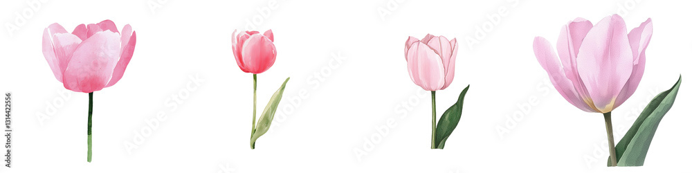 Fototapeta premium A soft pink watercolor tulip flower, complete with green leaves, is beautifully illustrated and isolated on a transparent background, making it perfect for spring and floral themes in png format