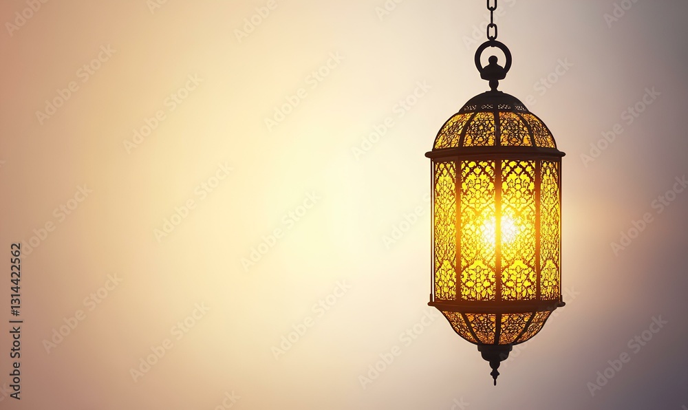 A gold and black lantern stands elegantly against a pristine white background, suspended by a delicate metal chain. Its intricate details glisten under soft lighting