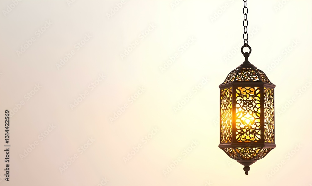 A gold and black lantern stands elegantly against a pristine white background, suspended by a delicate metal chain. Its intricate details glisten under soft lighting