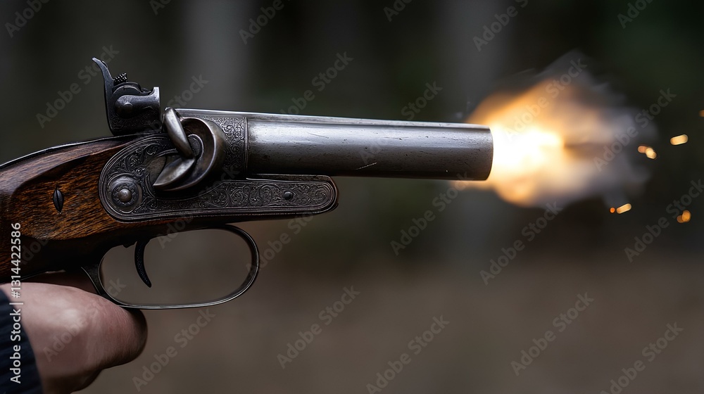 a closeup of a flintlock pistol firing