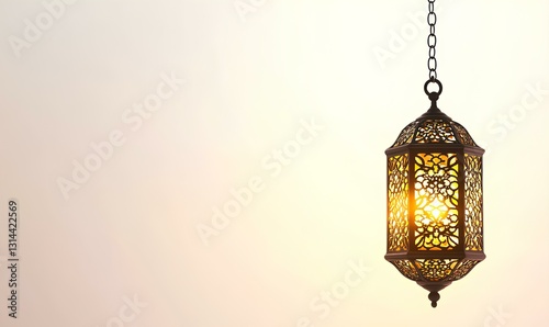 Obraz na płótnie A gold and black lantern stands elegantly against a pristine white background, suspended by a delicate metal chain. Its intricate details glisten under soft lighting w salonie
