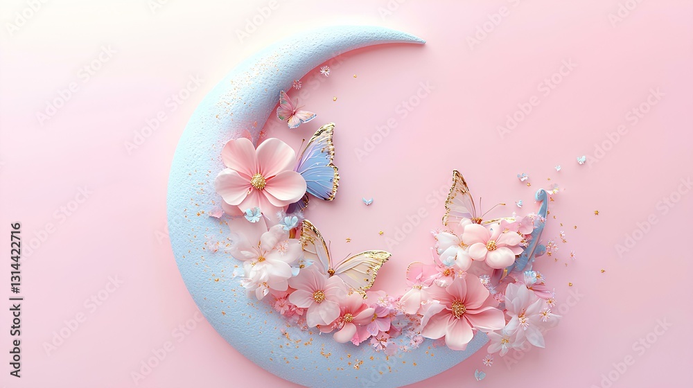 3D pastel golden moon with flowers and butterflies, pink background, colorful pastels