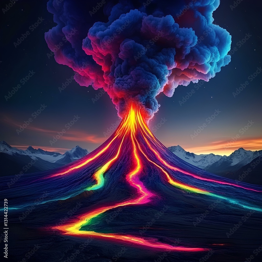 A colorful, neon rainbow of lava erupting from an active volcano, glowing in the dark night sky