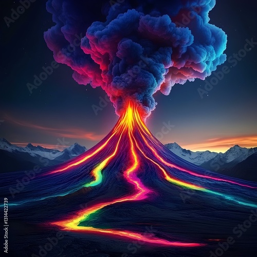 Obraz na płótnie A colorful, neon rainbow of lava erupting from an active volcano, glowing in the dark night sky w salonie