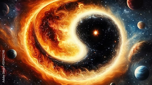Obraz na płótnie A yin-yang symbol with one side representing the sun and flames, and the other depicting black holes or stars in space w salonie