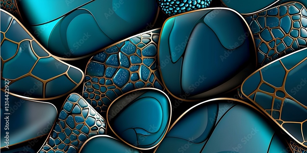 abstract background featuring pebbles in shades of teal and dark blue, There are three large goose warm stones, with gold accents, arranged to form the shape of rocks stacked on top of each other