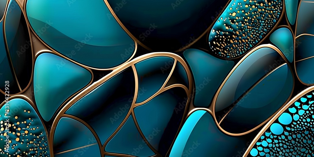 abstract background featuring pebbles in shades of teal and dark blue, There are three large goose warm stones, with gold accents, arranged to form the shape of rocks stacked on top of each other