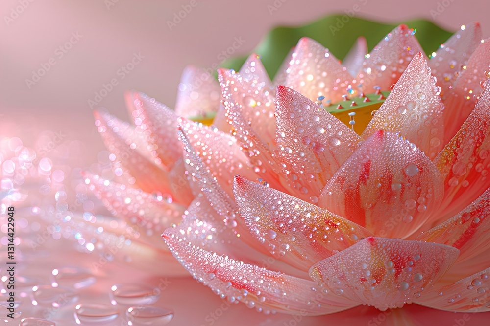 translucence minimalist half watermelon in simple pink background full of water drops, Lotus flower and lotus leaf, frosted glass blur covered