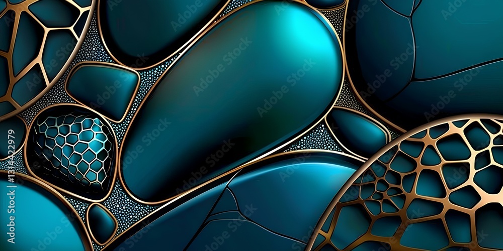 abstract background featuring pebbles in shades of teal and dark blue, There are three large goose warm stones, with gold accents, arranged to form the shape of rocks stacked on top of each other
