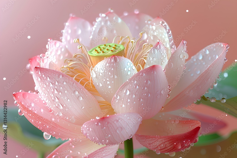 translucence minimalist half watermelon in simple pink background full of water drops, Lotus flower and lotus leaf, frosted glass blur covered
