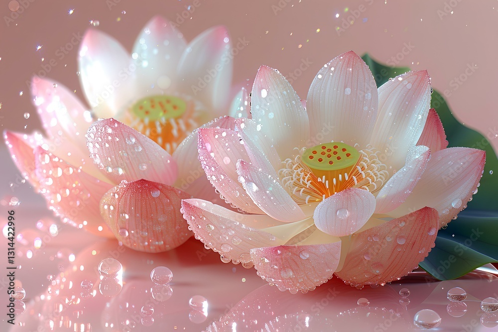 translucence minimalist half watermelon in simple pink background full of water drops, Lotus flower and lotus leaf, frosted glass blur covered