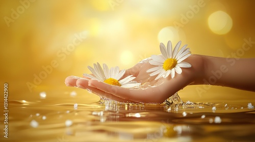 A young woman's white and tender hand is placed in the water, with the back of her hand facing up, and there are a few daisy flowers on the side, warm yellow style