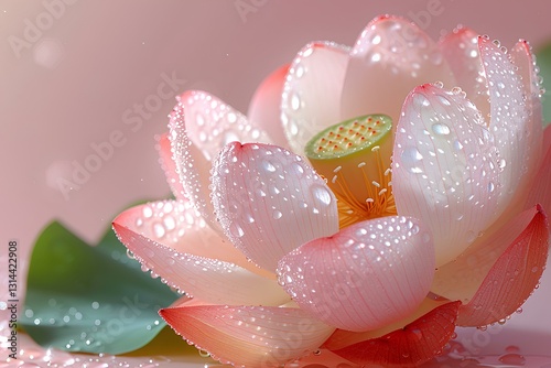  translucence minimalist half watermelon in simple pink background full of water drops, Lotus flower and lotus leaf, frosted glass blur covered 