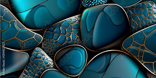 Obraz na płótnie abstract background featuring pebbles in shades of teal and dark blue, There are three large goose warm stones, with gold accents, arranged to form the shape of rocks stacked on top of each other w salonie