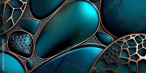 Obraz na płótnie abstract background featuring pebbles in shades of teal and dark blue, There are three large goose warm stones, with gold accents, arranged to form the shape of rocks stacked on top of each other w salonie