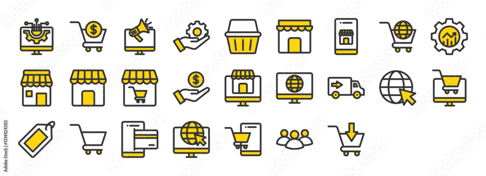 Set of Ecommerce icon. Business, Technology, Payment, Service, Sale, Customer, Buy, Shop, Delivery, Computer, Smartphone, Mobile, Shopping Cart, Marketing, Online Shop, Store vector illustration. Set of Ecommerce icon. Business, Technology, Payment, Service, Sale, Customer, Buy, Shop, Delivery, Computer, Smartphone, Mobile, Shopping Cart, Marketing, Online Shop, Store vector illustration.