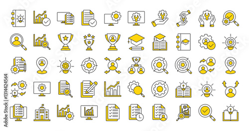 Set of Assessment icon. Analyzing, Expert, Statistics, Technical Support, Behavior, Project Management, Exchange, Trophy, Institution, Validate, Data Analytics, Continuous, Check vector illustration. 