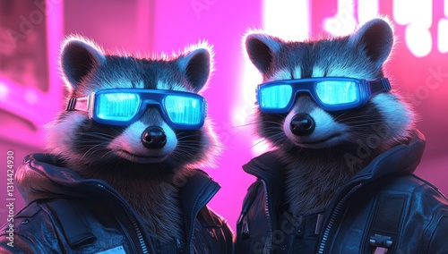 Two cyberpunk raccoons with glowing blue glasses,