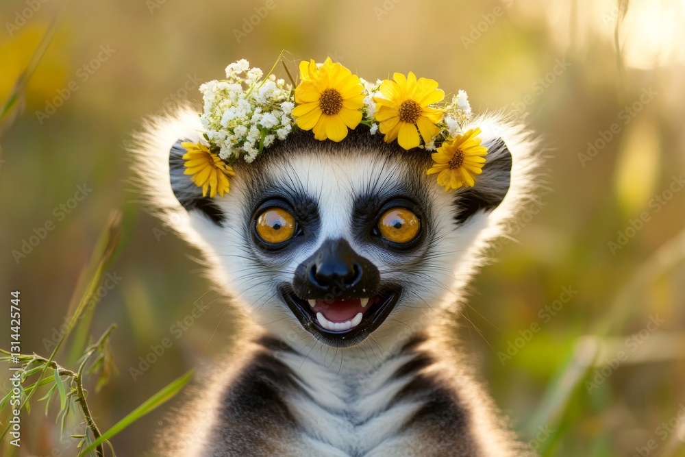 Fototapeta premium Cute baby animal lemur wearing savage flower wreath on its head. Morning rays. Summer happiness. Tranquil nature with wild animals. Tranquil wild creature in nature. Dreamy wilderness scene.