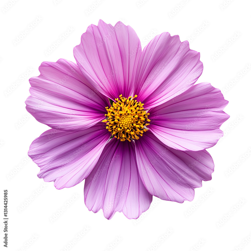 Fototapeta premium A Stunning Close-Up of a Delicate Purple Cosmos Flower, Isolated on a Black Background, Showcasing its Intricate Petals and Vibrant Hues.