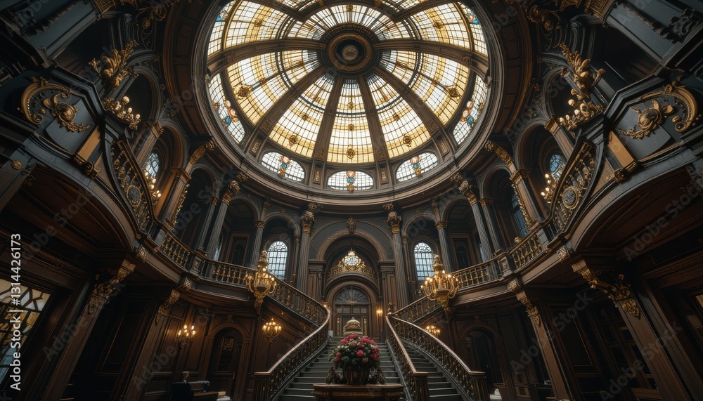 Fototapeta premium Grand Staircase in a Luxurious Dark Wood Palace with Ornate Gold Accents and Stained Glass Dome