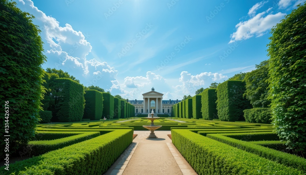 Obraz premium Serene Formal Garden with Green Hedgerows and Classic Building