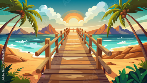 Experience enchantment of a charming wooden footbridge, leading you to a sun-kissed beach, with its rustic elegance, beckoning you towards a world of pure bliss and exhilaration