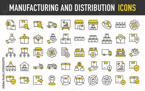 Set of Manufacturing and Distribution icon. Producer,  Fulfillment, Consumer, Supply Chain, Delivery Truck, Efficiency, Quality Control, Procedure, Packaging, Delivered, Retailer vector. 