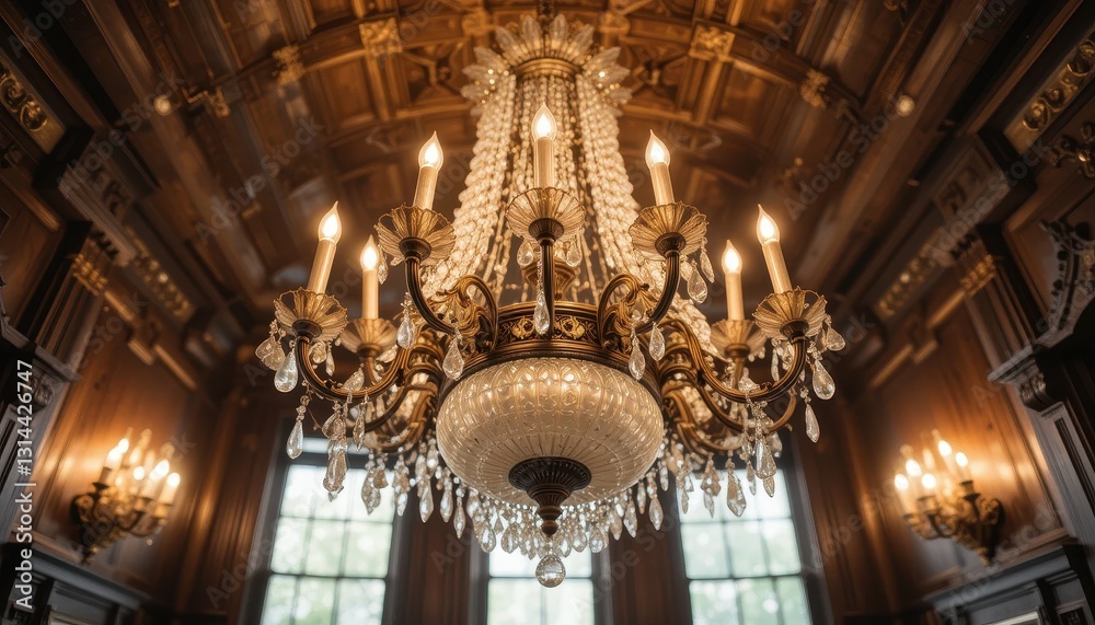 Obraz premium Elegant Crystal Chandelier in Luxurious Wooden Room Interior Design