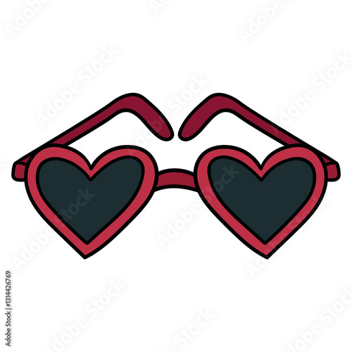 Hand drawn cartoon red heart shaped sunglasses on white background.
