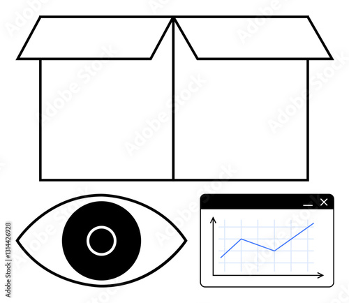 Open box symbolizes exploration. Eye implies watching or monitoring. Chart suggests data trends. Ideal for analytics, innovation, shipping, research, visibility, insight flat simple metaphor