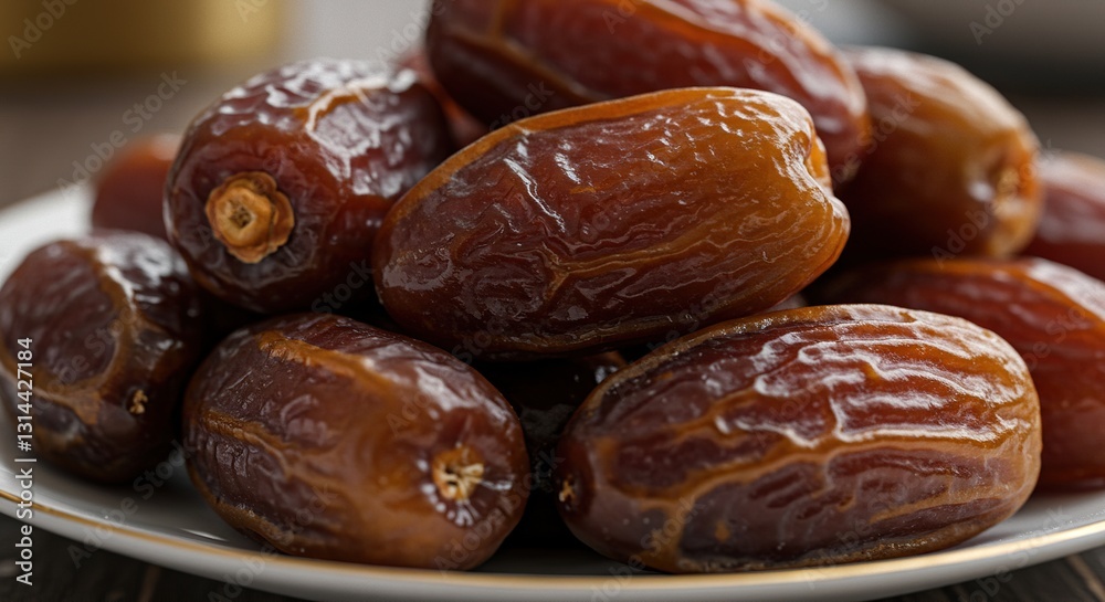 Obraz premium Close-Up of Plump Medjool Dates on White Plate - Delicious and Wholesome Dried Fruit, Perfect for Healthy Eating and Ramadan Themes.