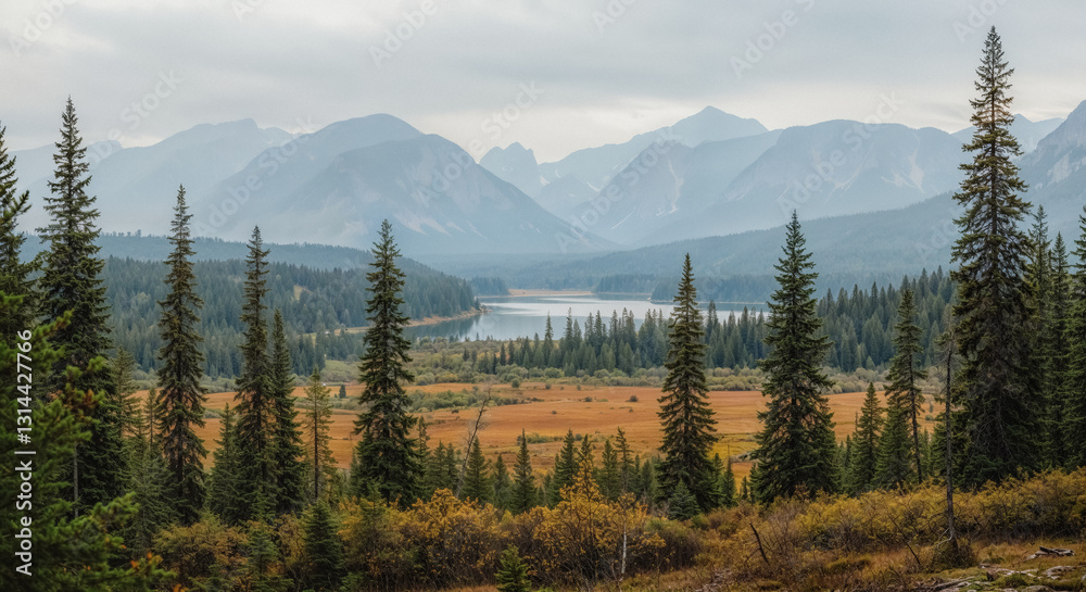 Obraz premium Beautiful mountain landscape with pine trees and serene lake