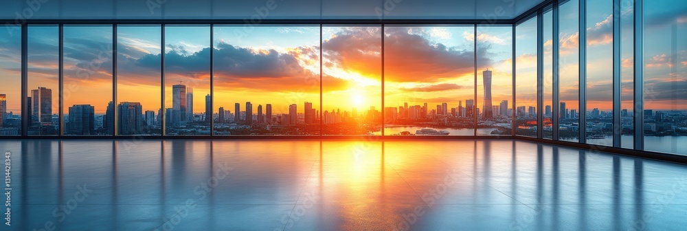 Fototapeta premium Stunning sunset view from a modern high-rise office building in the city