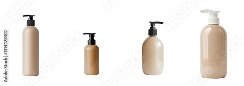A cosmetic or personal care product bottle, beige in color and featuring a cream pump, is depicted against a white background, and can also be found isolated on a transparent background as a png