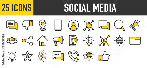 Set of 25 Social Media icon. Location, Dislike, Group, Promotion, User, Network, Connection, Internet, Like, Home, Star, Telephone, Smartphone, Web, Light Bulb, Communication, Marketing illustration. 
