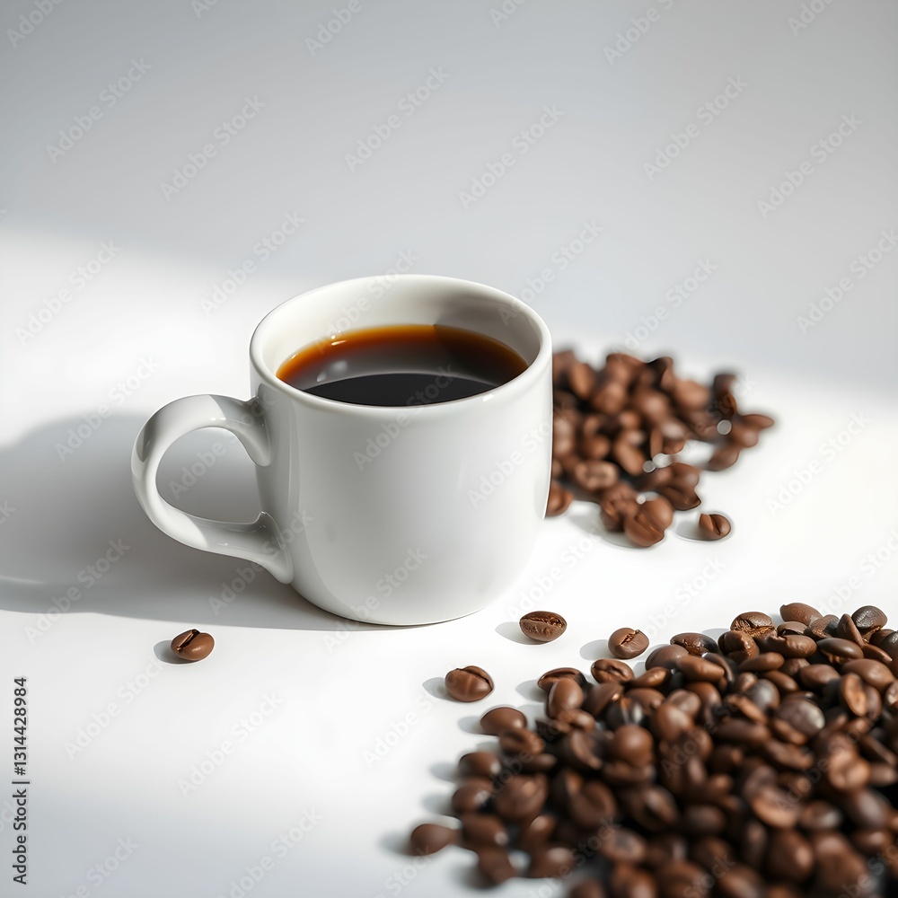 Fototapeta premium Coffee cup, dark roast, white ceramic mug, scattered coffee beans, overhead view, high contrast, minimalist composition, product photography