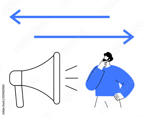 Man thinking beside a megaphone emitting sound waves, accompanied by opposing arrows. Ideal for communication, direction, decision-making, feedback, marketing, strategy, flat simple metaphor