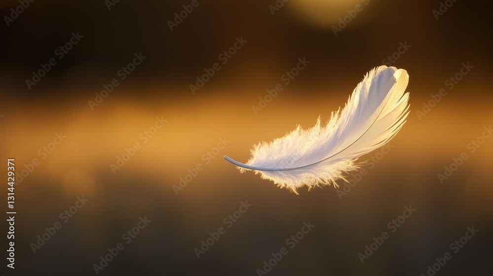 Delicate White Feather Floating Against a Soft Golden Background at Sunset Delicate White Feather Floating Against a Soft Golden Background at Sunset